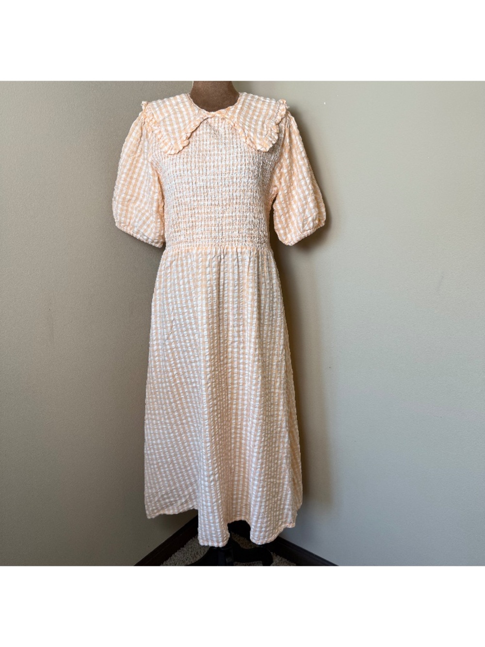 Neon Rose Puff Sleeve Midi Dress Womens Medium Peach Gingham Seersucker Smocked